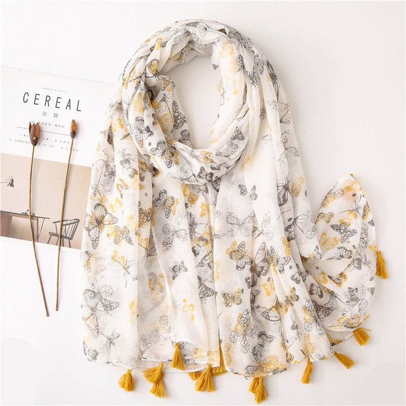 Bohemian Floral Print Scarves - Spring Hippie Style - Yellow Butterfly Print