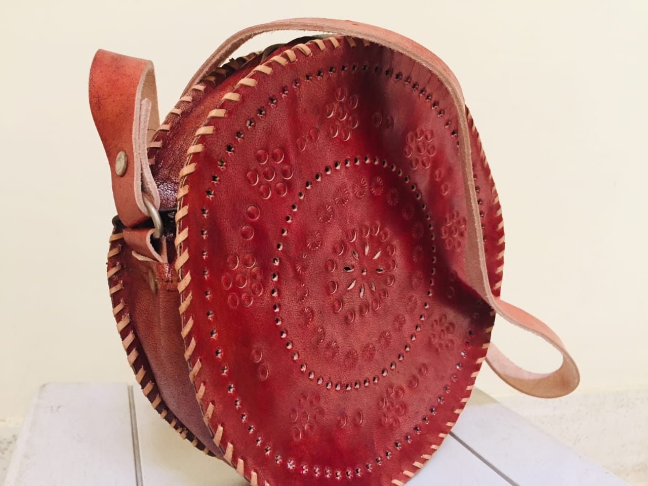 Indian Handmade Genuine Leather Bag - Circular Bucket Bag - Bohemian Accessories - Vibes – Handmade Art from around the world – Beirut Lebanon